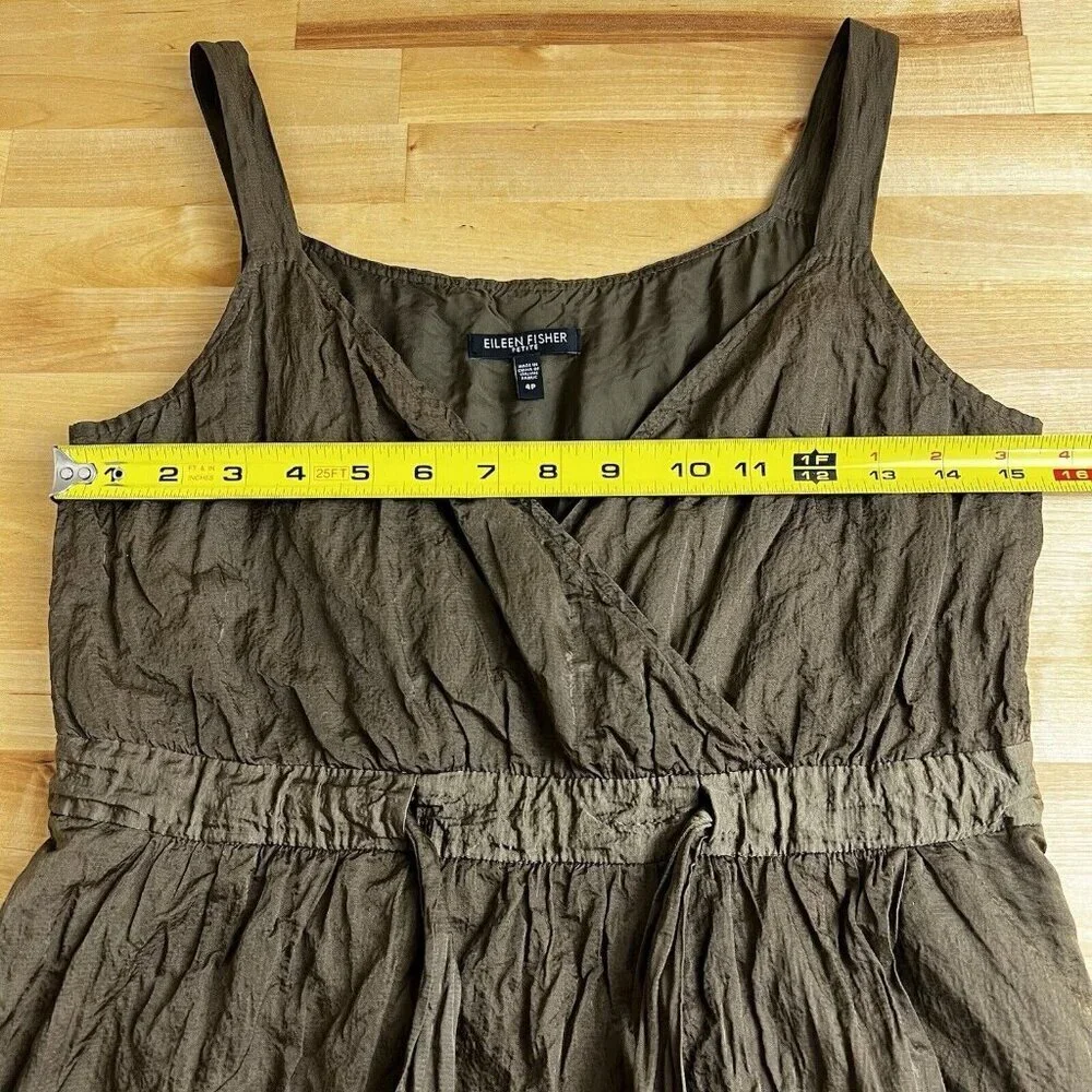 Eileen Fisher Dress Steel Satin‎ Faux Wrap Tie Front Surplice Olivine 4 Petite